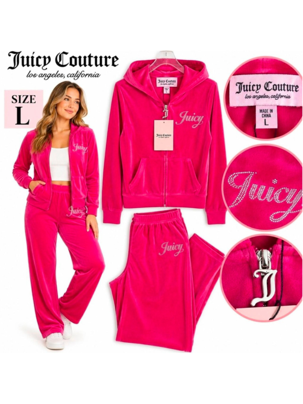NWT Juicy Couture Vixen Pink Velour 2 Piece Track Set Size Large Rhinestone Y2K